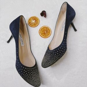 Jimmy Choo Shoes Navy Blue Suede Silver Stud High Heels Night Sky Size 7
